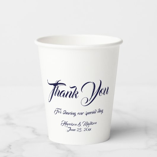 Custom Skript Marine blau weiß danke Ihnen Hochzei Pappbecher (Rückseite)