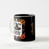 Custom Skull Black Bat Spider Halloween Hexenhut Zweifarbige Tasse (Vorderseite Links)