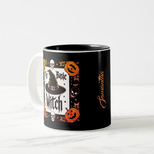 Custom Skull Black Bat Spider Halloween Hexenhut Zweifarbige Tasse (Vorderseite Links)