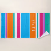 Custom Sky Blue Hot Pink Orange White Stripes Strandtuch (Vorderseite)