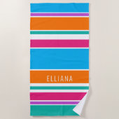 Custom Sky Blue Hot Pink Orange White Stripes Strandtuch (Vorderseite)