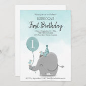 Custom Sky Blue White Elephant Balloon Thema Einladung (Vorne/Hinten)