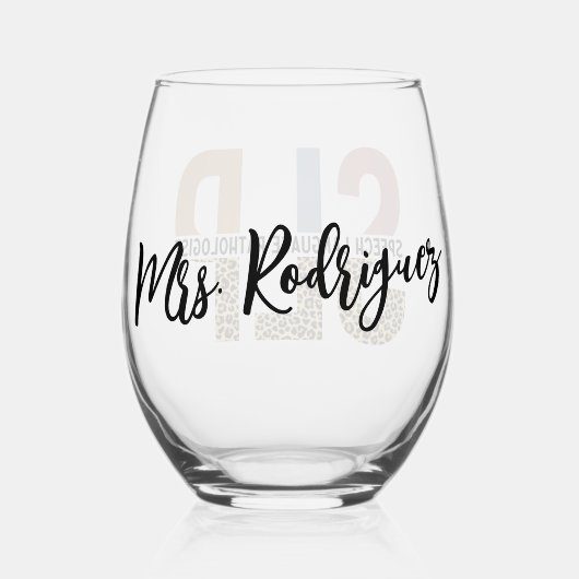 Custom SLP Speech Pathologe Leopard Print Weinglas Ohne Stiel (Rückseite)