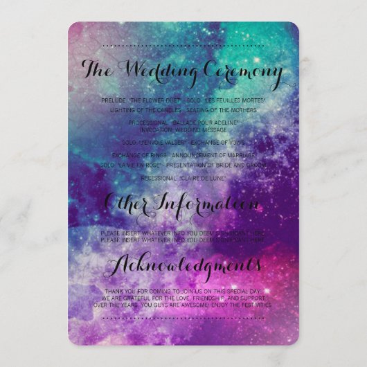 Custom Smokey Galaxy Hochzeitsprogramme Programm (Rückseite)