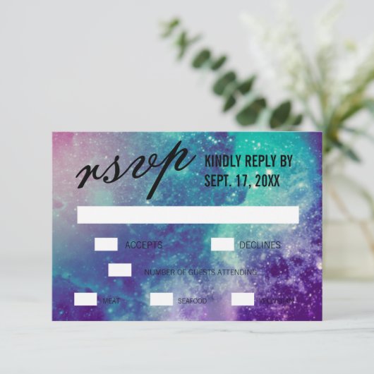 Custom Smokey Galaxy Wedding RSVP Cards (Stehend Vorderseite)