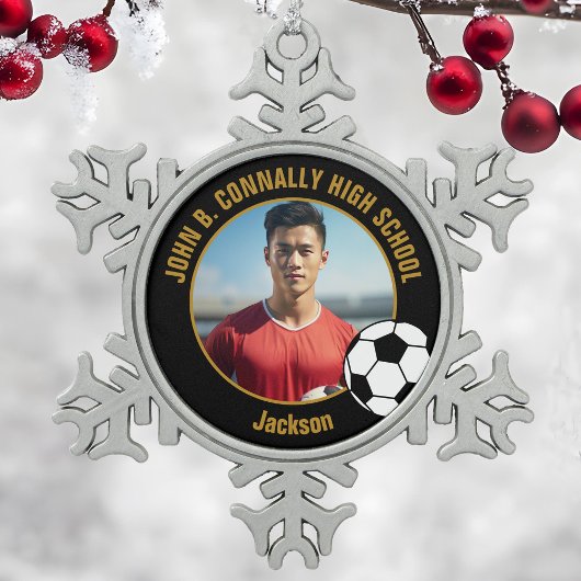 Custom Soccer Player Photo Black Gold High School Schneeflocken Zinn-Ornament
