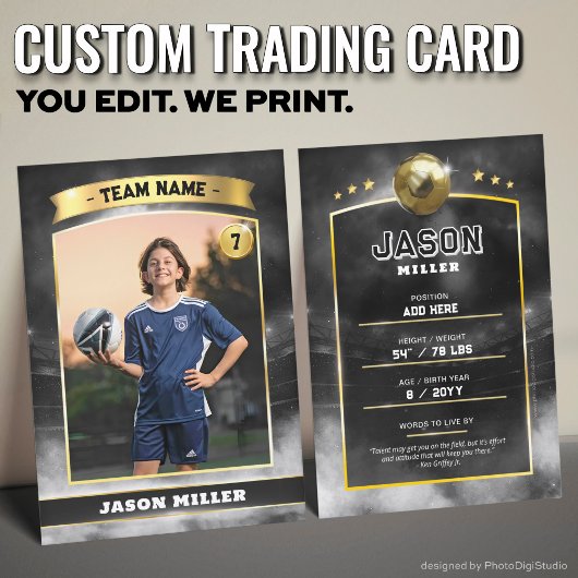 Custom Soccer Trading Card Black Gold Stadium Telefonnummerkarte