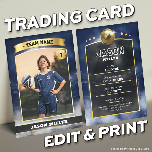 Custom Soccer Trading Card Blue Gold Stadium Telefonnummerkarte