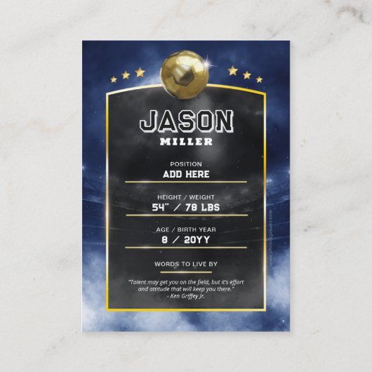 Custom Soccer Trading Card Blue Gold Stadium Telefonnummerkarte (Rückseite)