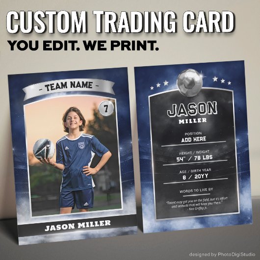 Custom Soccer Trading Card Blue Silver Stadium Telefonnummerkarte