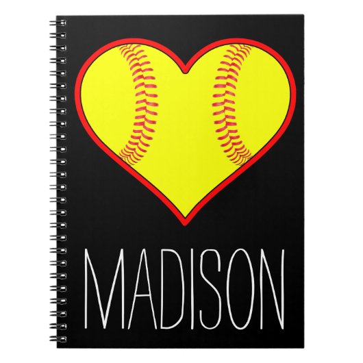 Custom Softball Heart Spiral Notebook Notizblock (Vorderseite)