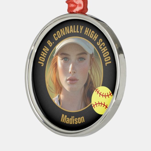 Custom Softball Player Photo Christmas Black Gold Ornament Aus Metall (Links)