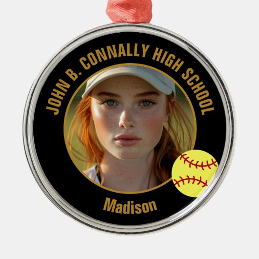 Custom Softball Player Photo Christmas Black Gold Ornament Aus Metall (Vorne)