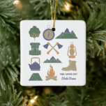 Custom Souvenir Camping Collage Campers Foto Keramikornament<br><div class="desc">Fügen Sie einfach den Namen Ihres Lieblingscampingplatzes und den Staat, in dem er sich befindet, und Ihr LieblingsFoto von Ihrem Camping auf der Rückseite, um Ihr eigenes Souvenir Camping Weihnachtsbaumschmuck zu erstellen oder fügen Sie einen Familiennamen oder anderen Text, um Ihre individuelle Urlaubsdekoration mit einer Collage von Camping-Szenen und Outdoor-Ausrüstung...</div>