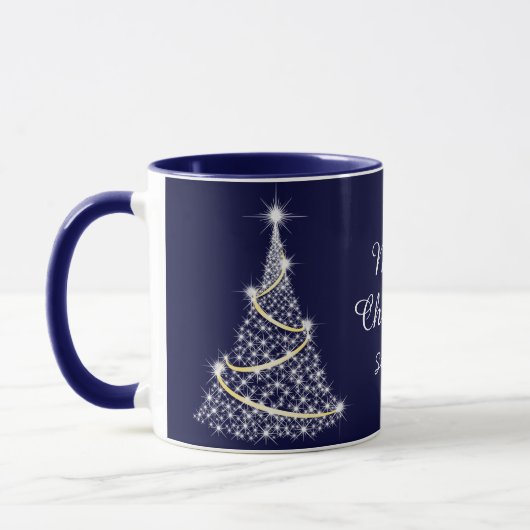 Custom Sparkling White Blue Weihnachtsbaum Urlaub Tasse (Links)