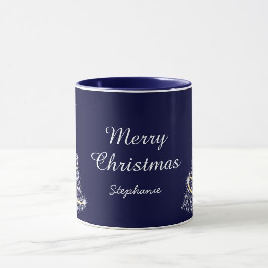 Custom Sparkling White Blue Weihnachtsbaum Urlaub Tasse (Zentrum)