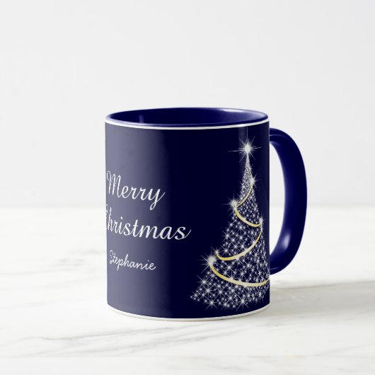 Custom Sparkling White Blue Weihnachtsbaum Urlaub Tasse (VorderseiteRechts)