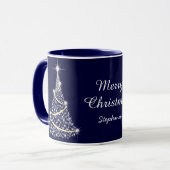 Custom Sparkling White Blue Weihnachtsbaum Urlaub Tasse (Vorderseite Links)