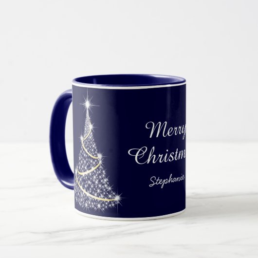 Custom Sparkling White Blue Weihnachtsbaum Urlaub Tasse (Vorderseite Links)