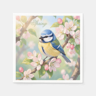 Custom Spring Party Blue Tit Bird on Apple Tree Serviette