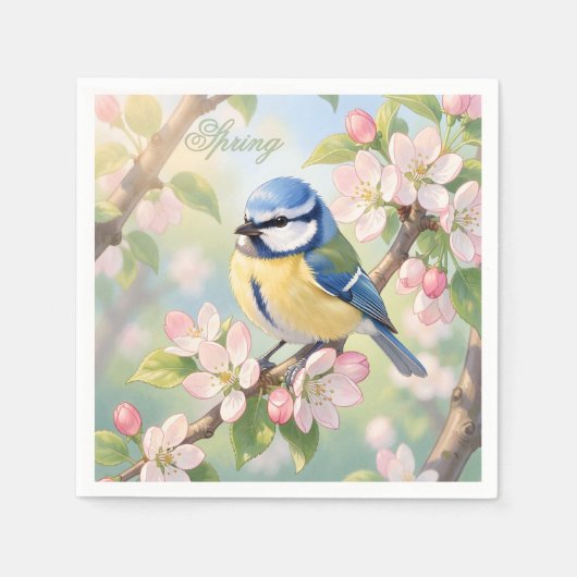 Custom Spring Party Blue Tit Bird on Apple Tree Serviette (Vorderseite)