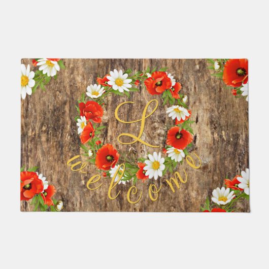 Custom Spring Poppies Daisies Floral Art Wreath Fußmatte (Vorderseite)