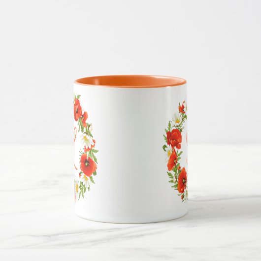 Custom Spring Poppies Daisies Monogram Wreath Art Tasse (Zentrum)
