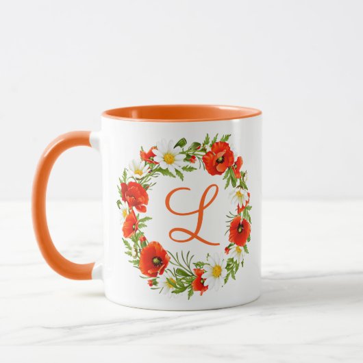 Custom Spring Poppies Daisies Monogram Wreath Art Tasse (Links)