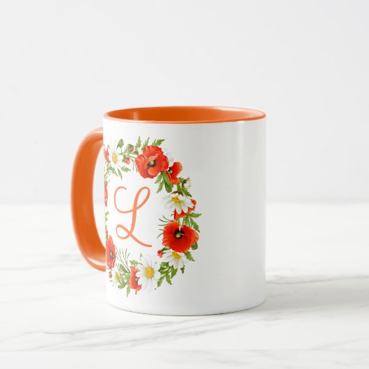 Custom Spring Poppies Daisies Monogram Wreath Art Tasse (Vorderseite Links)