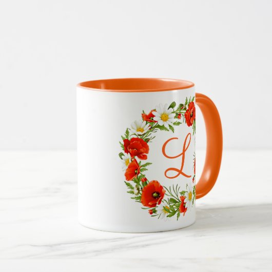 Custom Spring Poppies Daisies Monogram Wreath Art Tasse (VorderseiteRechts)