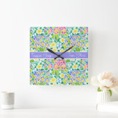 Custom Square Clock, Spring Primroses, Powblau Quadratische Wanduhr (Zuhause)