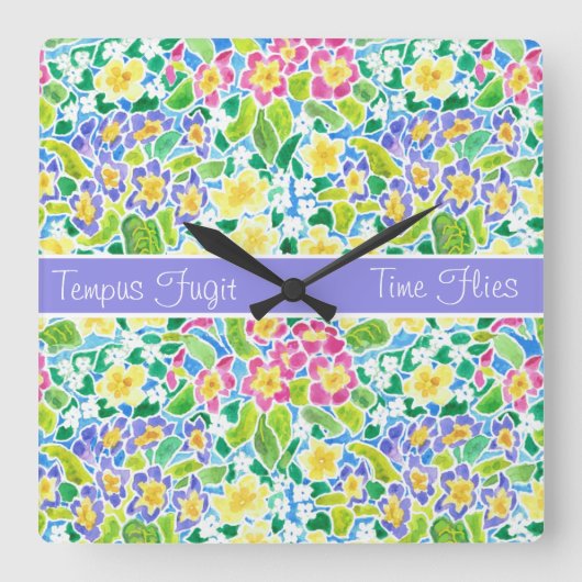 Custom Square Clock, Spring Primroses, Powblau Quadratische Wanduhr (Vorderseite)