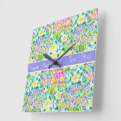 Custom Square Clock, Spring Primroses, Powblau Quadratische Wanduhr (Winkel)
