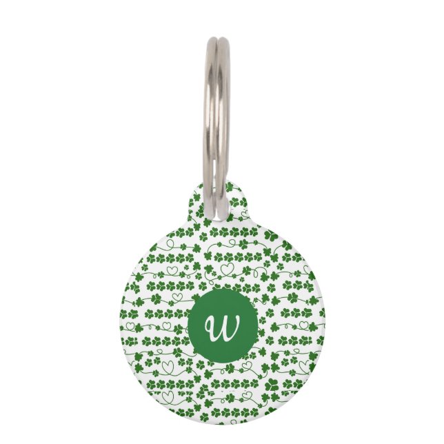Custom St Patrick's Day Kleeblatt Herz Weiß Grün Haustiermarke (Vorderseite)