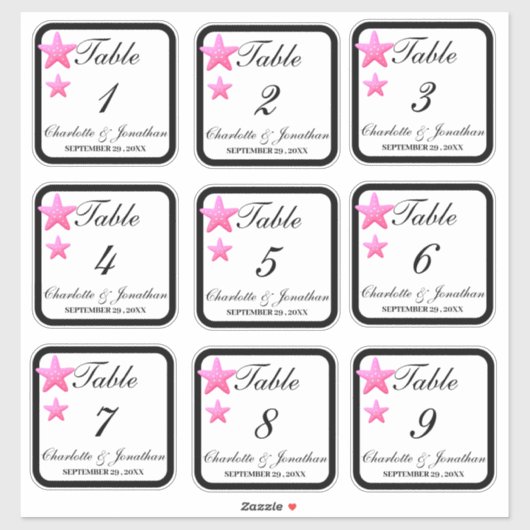 Custom Starfish Beach Wedding Tischnummern Aufkleber (Blatt)