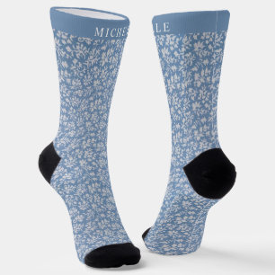 Custom Steel Blue Floral Silver White Blume Socken