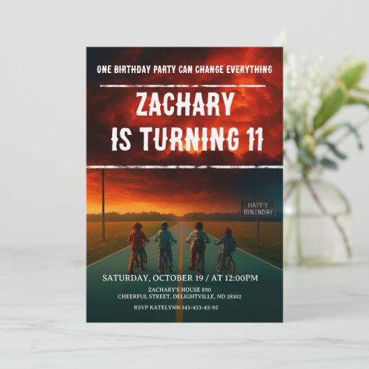 Custom Stranger Birthday Party Invite Funny Kids  Einladung (Stehend Vorderseite)