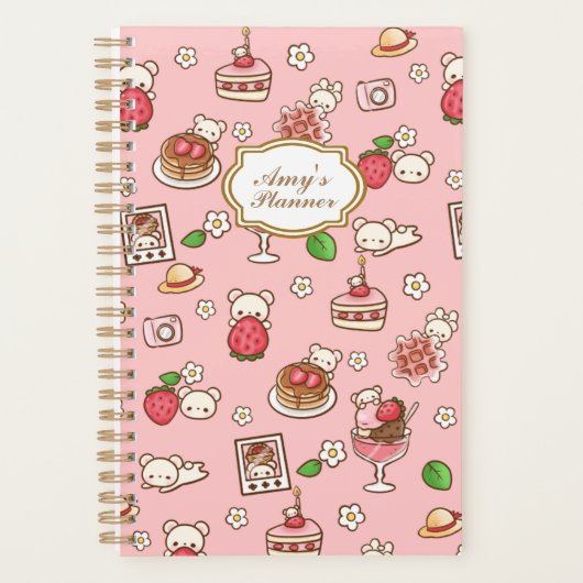 Custom Strawberry Bear and Desserts Pink Kawaii Planer (Vorderseite)