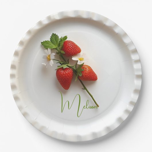 Custom Strawberry Sprig Flower Foliage Name  Pappteller (Vorderseite)