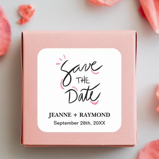 Custom Stylish Calligraphy Wedding Save the Date Quadratischer Aufkleber