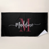 Custom Stylish Monogram Name Script Black Burgundy Strandtuch (Vorderseite)