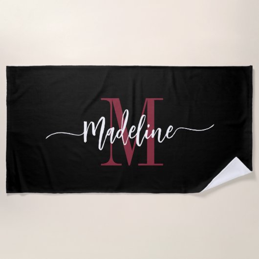 Custom Stylish Monogram Name Script Black Burgundy Strandtuch (Vorderseite)