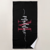 Custom Stylish Monogram Name Script Black Burgundy Strandtuch (Vorderseite)