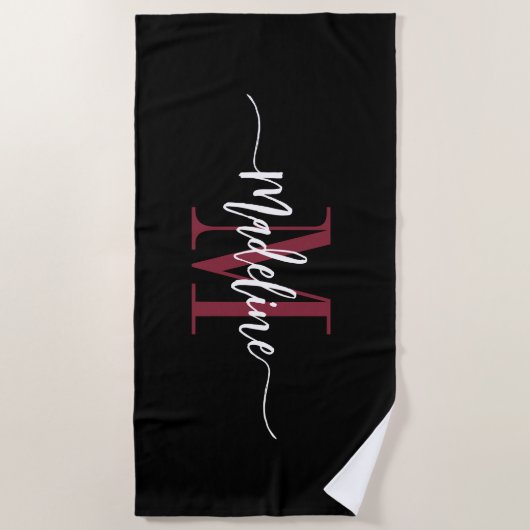 Custom Stylish Monogram Name Script Black Burgundy Strandtuch (Vorderseite)