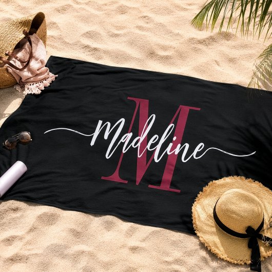 Custom Stylish Monogram Name Script Black Burgundy Strandtuch
