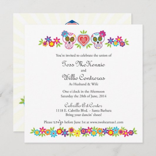 Custom Sugar Skulls and Blume - Gelbes Bkgnd Einladung (Vorne/Hinten)