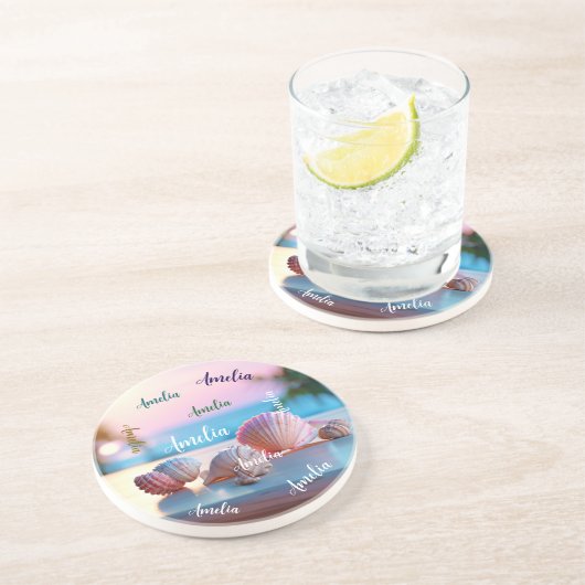 Custom Summer Beach Eleganter Sandstone Getränkeuntersetzer (Seite)
