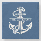 Custom Summerry White Nautical Anchor auf Navy Blu Steinuntersetzer (Vorderseite)