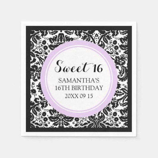 Custom Sweet 16 Geburtstag Napkin Black Damask Serviette (Vorderseite)