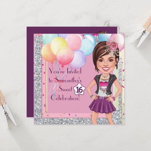 Custom Sweet 16 Karikatur mit Balloons und Glam Einladung (Vorderseite/Rückseite Beispiel)